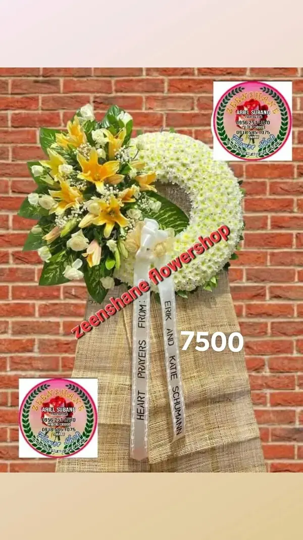 Funeral Arrangement FN-23 — yellow lilies, roses, chrysanthemums
