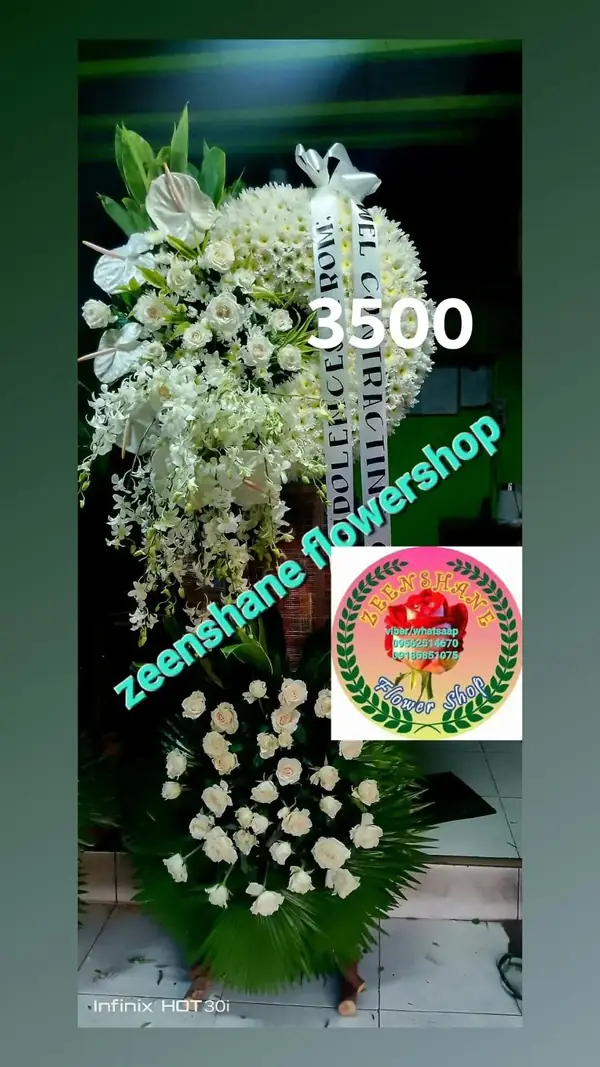 Funeral Arrangement FN-10 — anthuriums, orchids, white roses, chrysanthemums