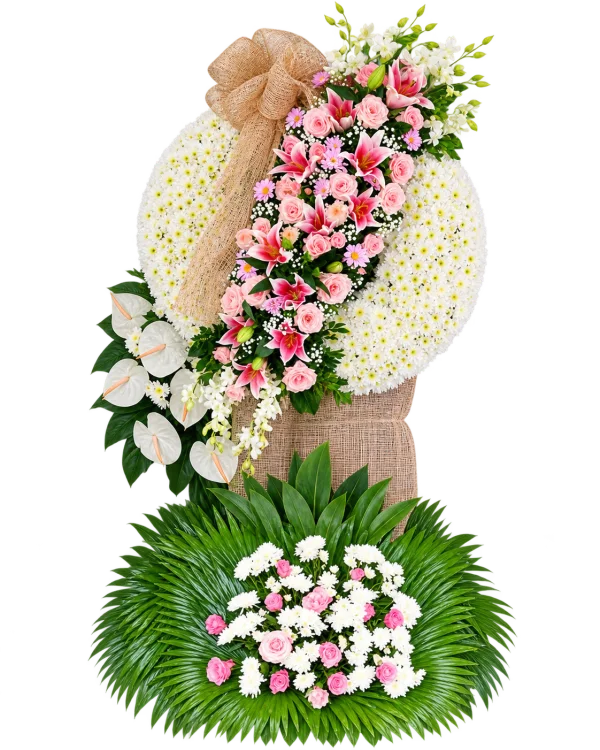 Funeral Arrangement FN-01 — pink lilies, pink roses, orchids, anthuriums, chrysanthemums