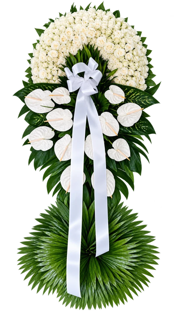 Funeral Arrangement FN-03 — white roses, anthuriums