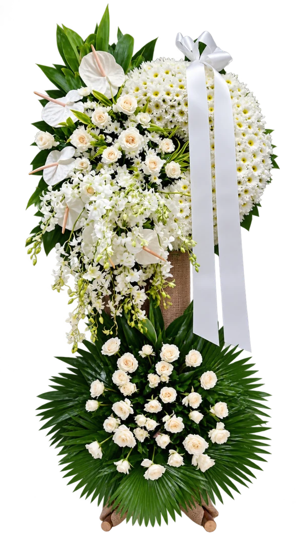 Funeral Arrangement FN-10 — anthuriums, orchids, white roses, chrysanthemums
