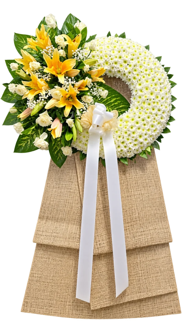 Funeral Arrangement FN-22 — yellow gerberas, lilies, chrysanthemums