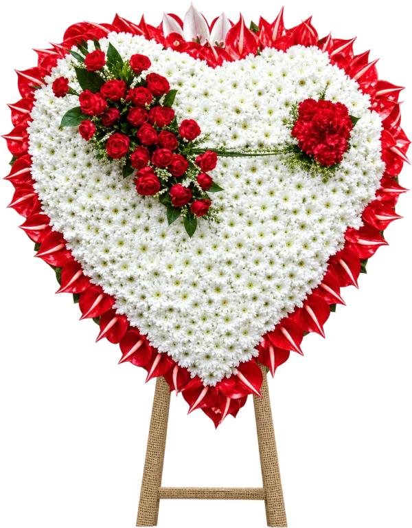 Funeral Arrangement FN-29 — red roses, anthuriums, chrysanthemums