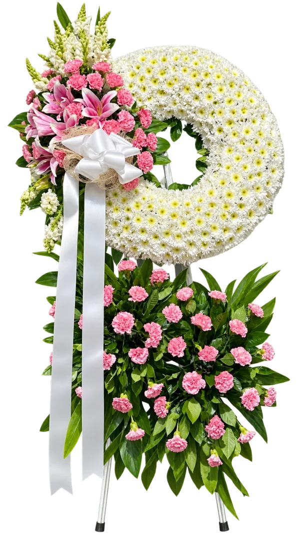 Funeral Arrangement FN-44 — pink lilies, carnations, chrysanthemums