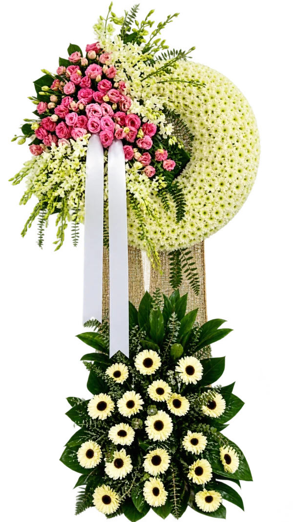 Funeral Arrangement FN-45 — pink roses, orchids, gerberas, chrysanthemums