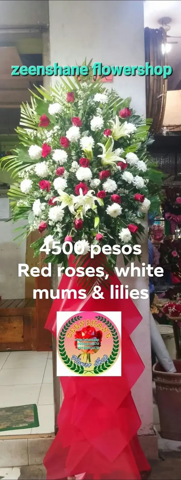 Store Opening Arrangement OP-06 — red roses, white chrysanthemums, lilies
