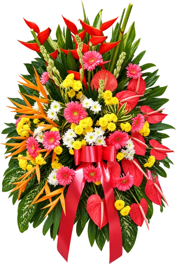 Store Opening Arrangement OP-02 — heliconia, gerberas, anthuriums, daisies