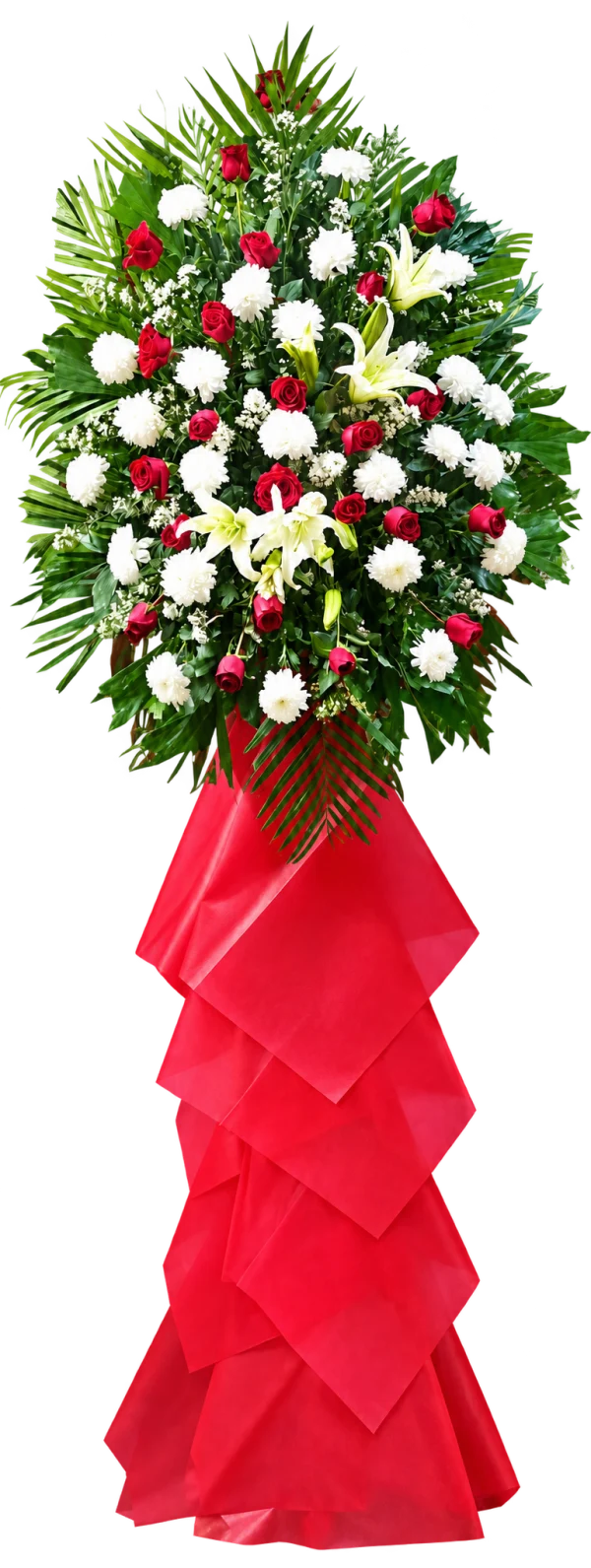 Store Opening Arrangement OP-06 — red roses, white chrysanthemums, lilies