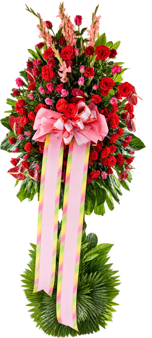 Store Opening Arrangement OP-19 — red roses, anthuriums, gladiolus